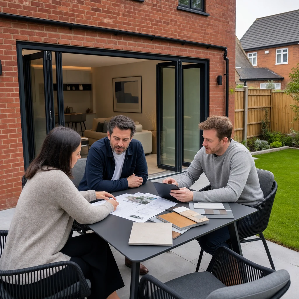 Client and professionals reviewing project options outside a finished extension