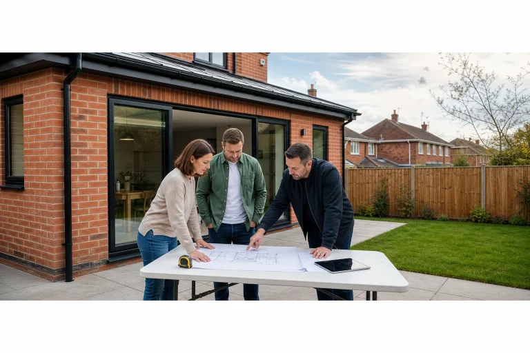Professionals reviewing drawings outside a modern brick extension