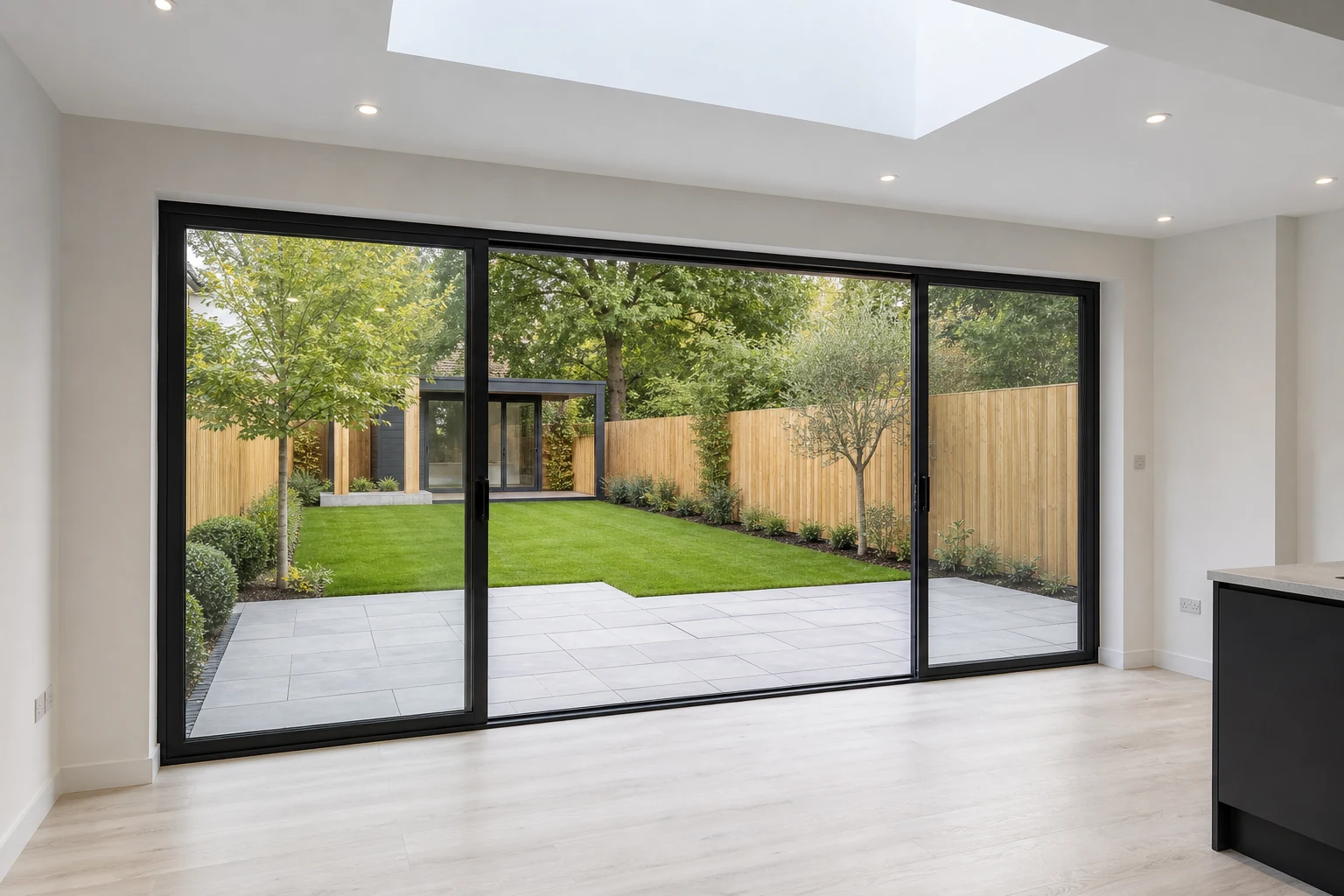Large black-framed sliding doors bringing light into a rear extension.