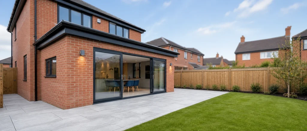 Modern brick house extension with black-framed doors and a tidy patio.