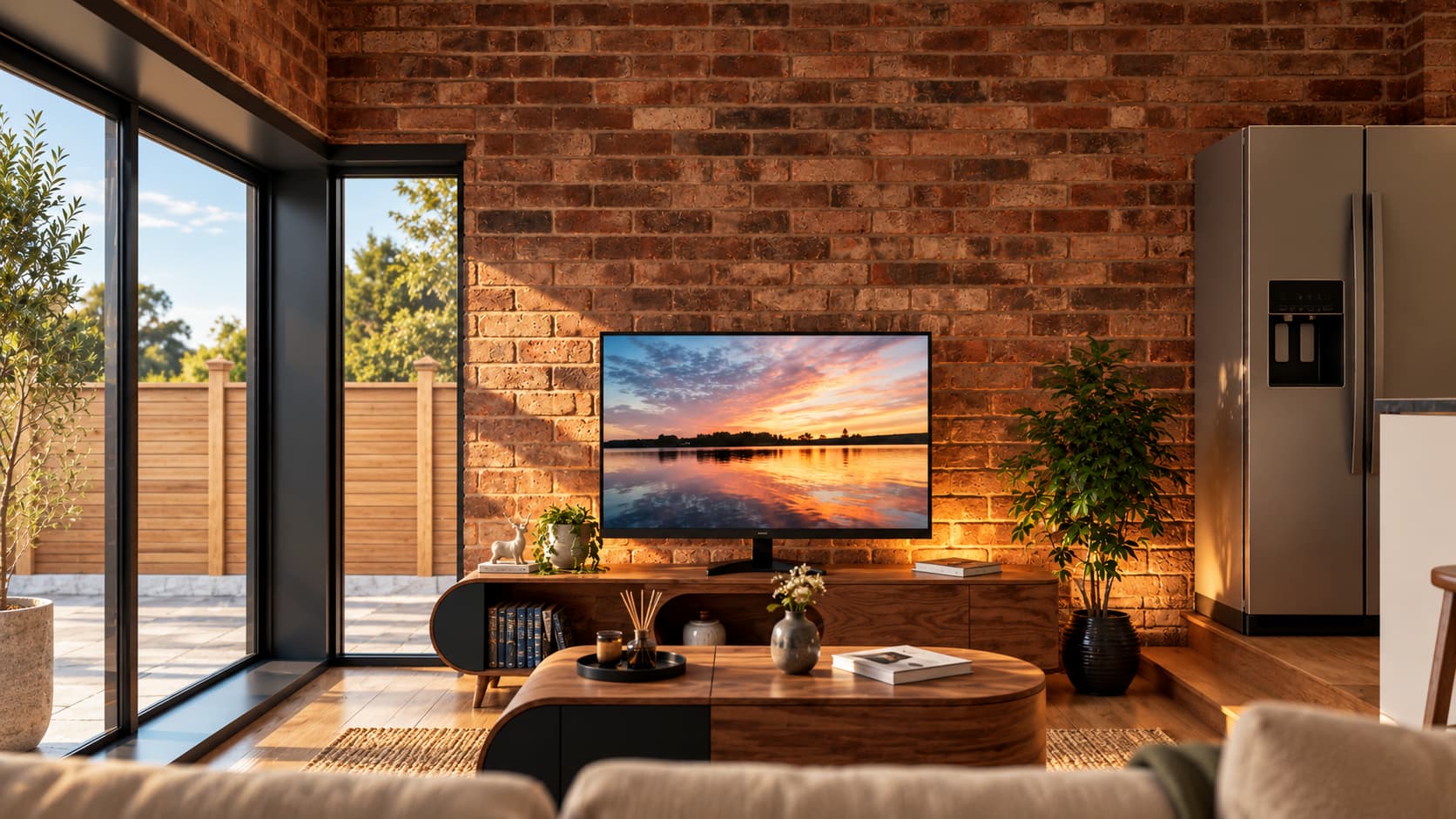 Golden-Hour Brick Wall Living Room (1)