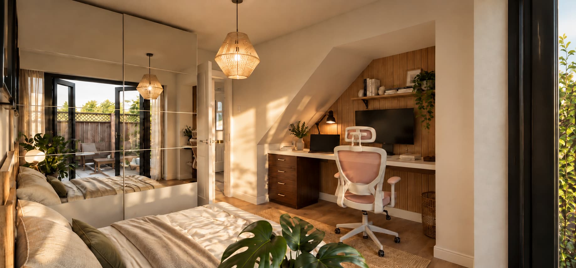 Sunlit Bedroom with Built-In Workspace