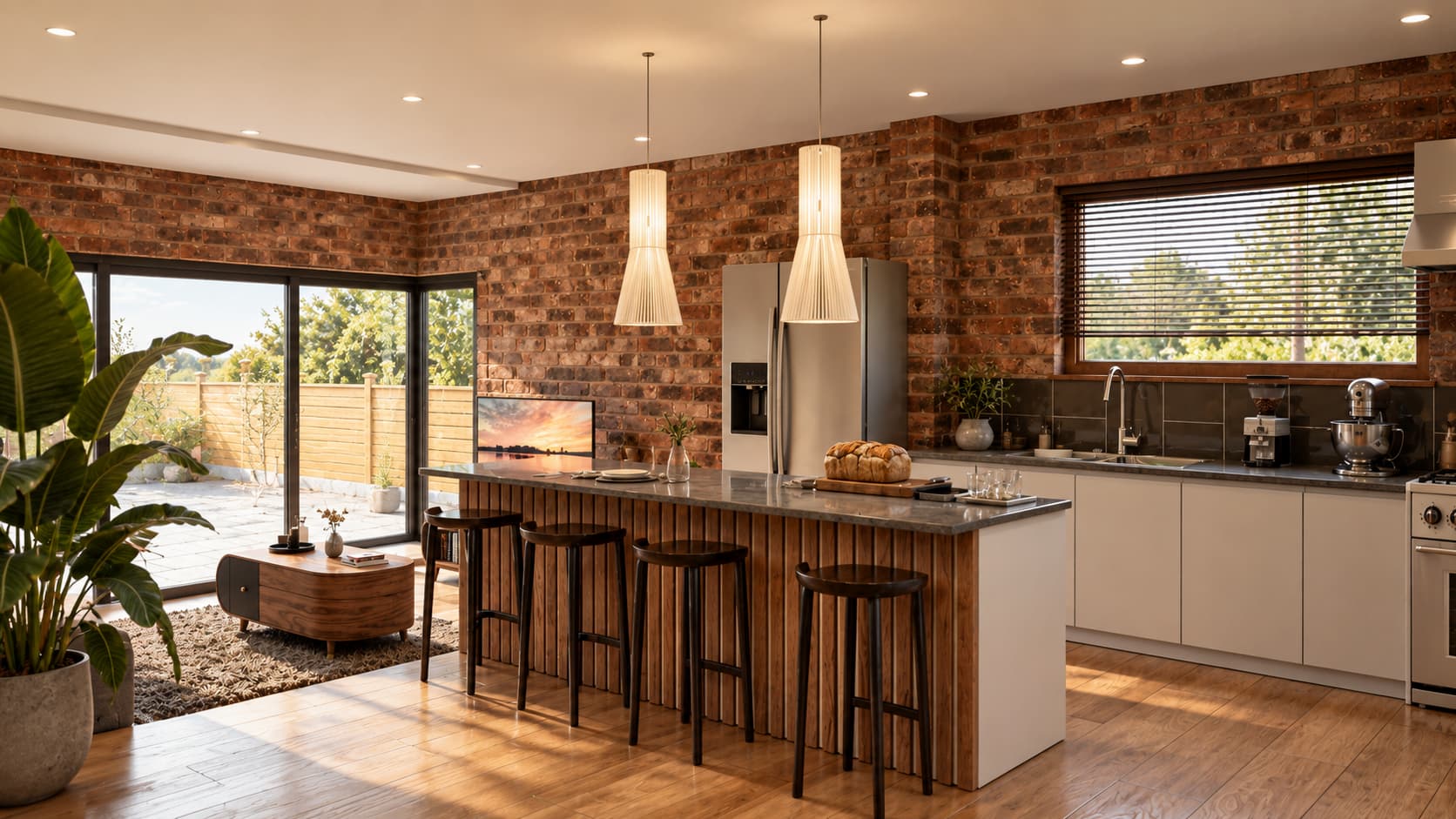 Sunlit Brick-Walled Kitchen Living Space