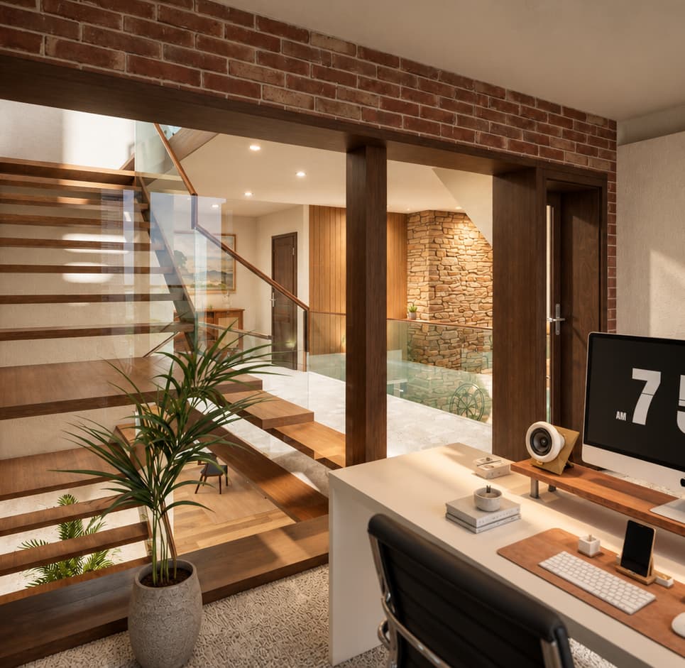 Warm Minimalist Mezzanine Office with Stairwell
